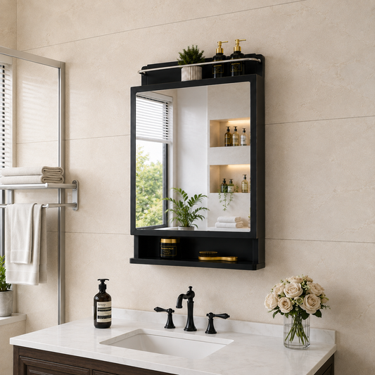 Wall Mounted Plastic Premium Multipurpose Storage Cabinet with Mirror – Space-Saving Bathroom & Bedroom Organizer, Sleek Finish (Black)