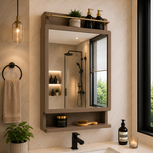 Wall Mounted Plastic Premium Multipurpose Storage Cabinet with Mirror – Space-Saving Bathroom & Bedroom Organizer, Sleek Finish (Mat Brown)