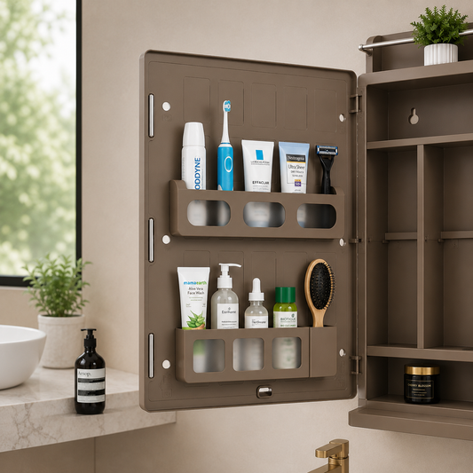 Wall Mounted Plastic Premium Multipurpose Storage Cabinet with Mirror – Space-Saving Bathroom & Bedroom Organizer, Sleek Finish (Mat Brown)