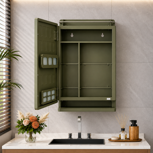 Wall Mounted Plastic Premium Multipurpose Storage Cabinet with Mirror – Space-Saving Bathroom & Bedroom Organizer, Sleek Finish (Mat Green)