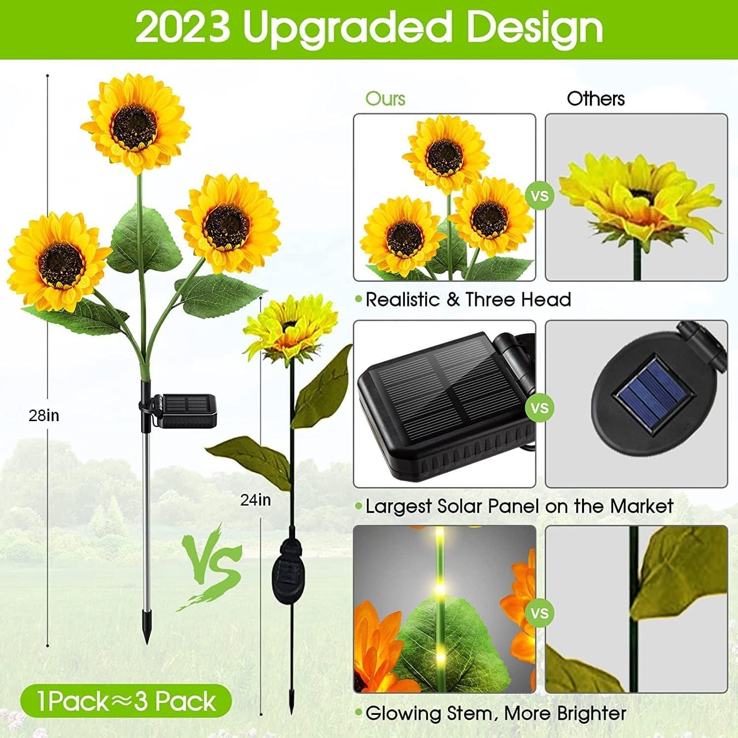 Solar Sunflower Lights, 800mA Solar Garden Light with Real Looking Flowers Outdoor Waterproof Solar Stake Lights for Back Yard, Flower Bed, Pathway, Patio, Porch, Fall Decoration(1)