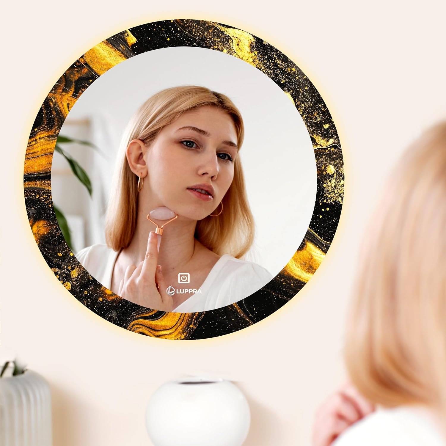 24X24 inch Round UV Printed Decorative LED Mirror with Led Light for Wash Basin with Smart 3 Light Tone (Cool White,Natural White and Warm White).