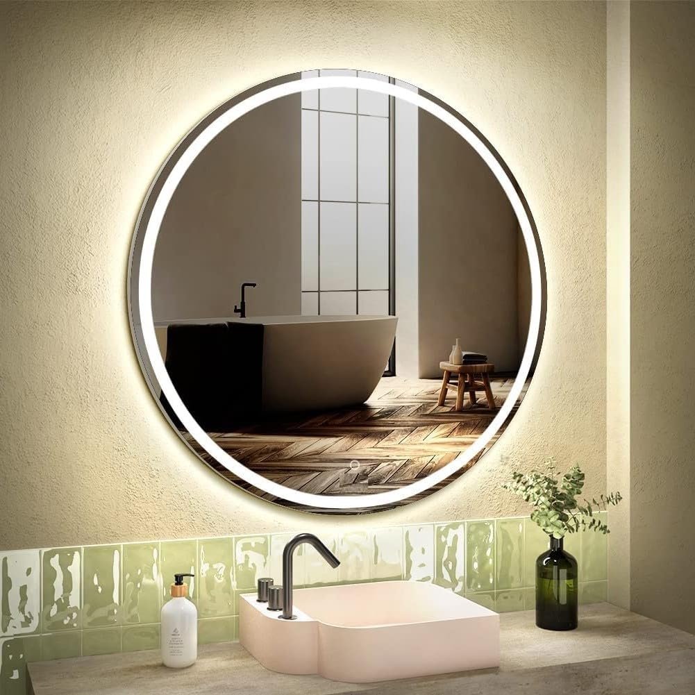 Glass Round Wall-Mounted LED Mirror with Smart Sensor and 3-Color Light (Warm, White, Natural) | Mirror Light, Wash Basin Wall Mirror, Fancy Washbasin and Smart LED Design 24X24 Inch.