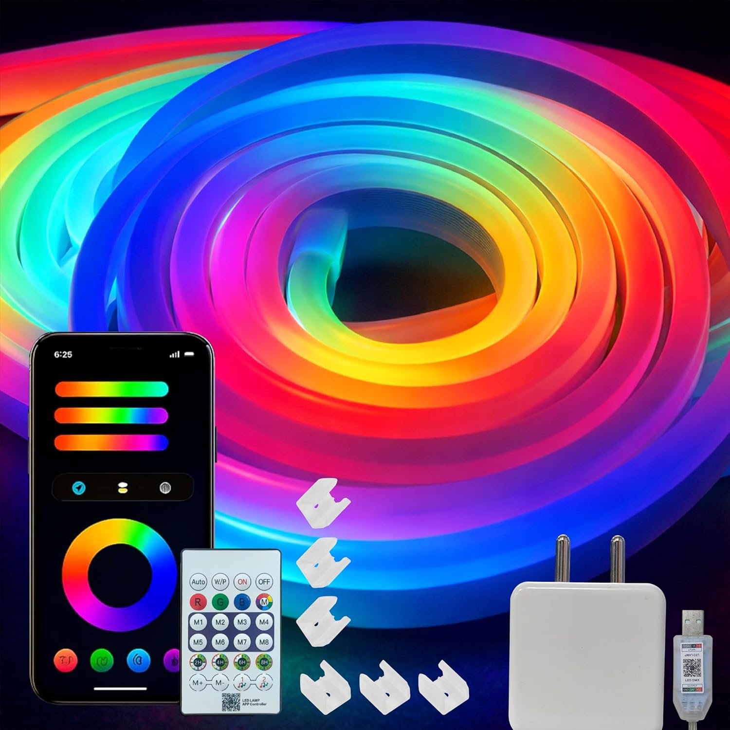 5M RGB Neon LED Strip Light with Remote & Silicone Diffuser – Flexible Multicolor Rope Light for Bedroom, Gaming Room & Home Decor