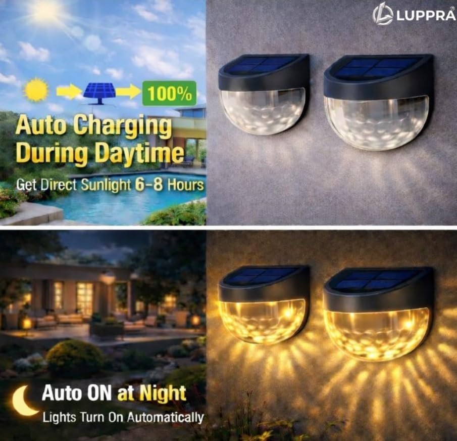 Solar Fence Lights Outdoor – 6 LED Waterproof Solar Wall Lights for Garden, Fence, Patio, Yard & Pathway, Warm White Automatic Dusk to Dawn (Pack of 2)