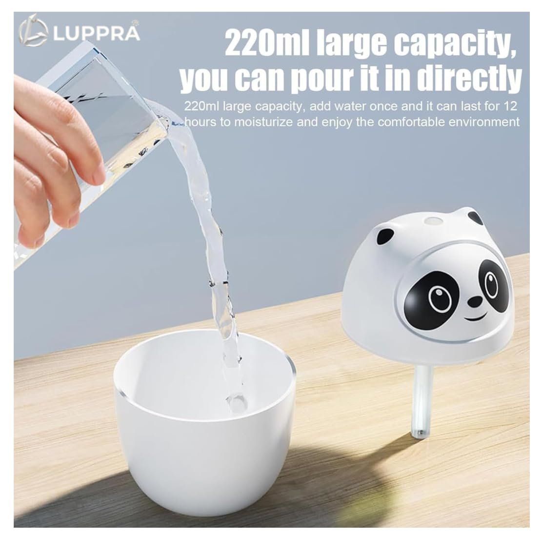 Panda MistGlow Mini Humidifier with 7 Color Night Light, Dual Spray Modes & Portable Design for Desk, Car & Bedroom – 220ML