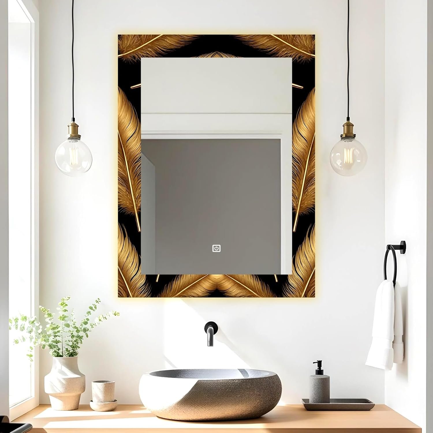 LUPPRA Rectangle 18×24 inch LED Touch Sensor Mirror with UV‑Printed Design and 3 Light Tones (Warm, White, Natural).