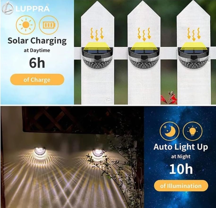 Solar Fence Lights Outdoor – 6 LED Waterproof Solar Wall Lights for Garden, Fence, Patio, Yard & Pathway, Warm White Automatic Dusk to Dawn (Pack of 2)