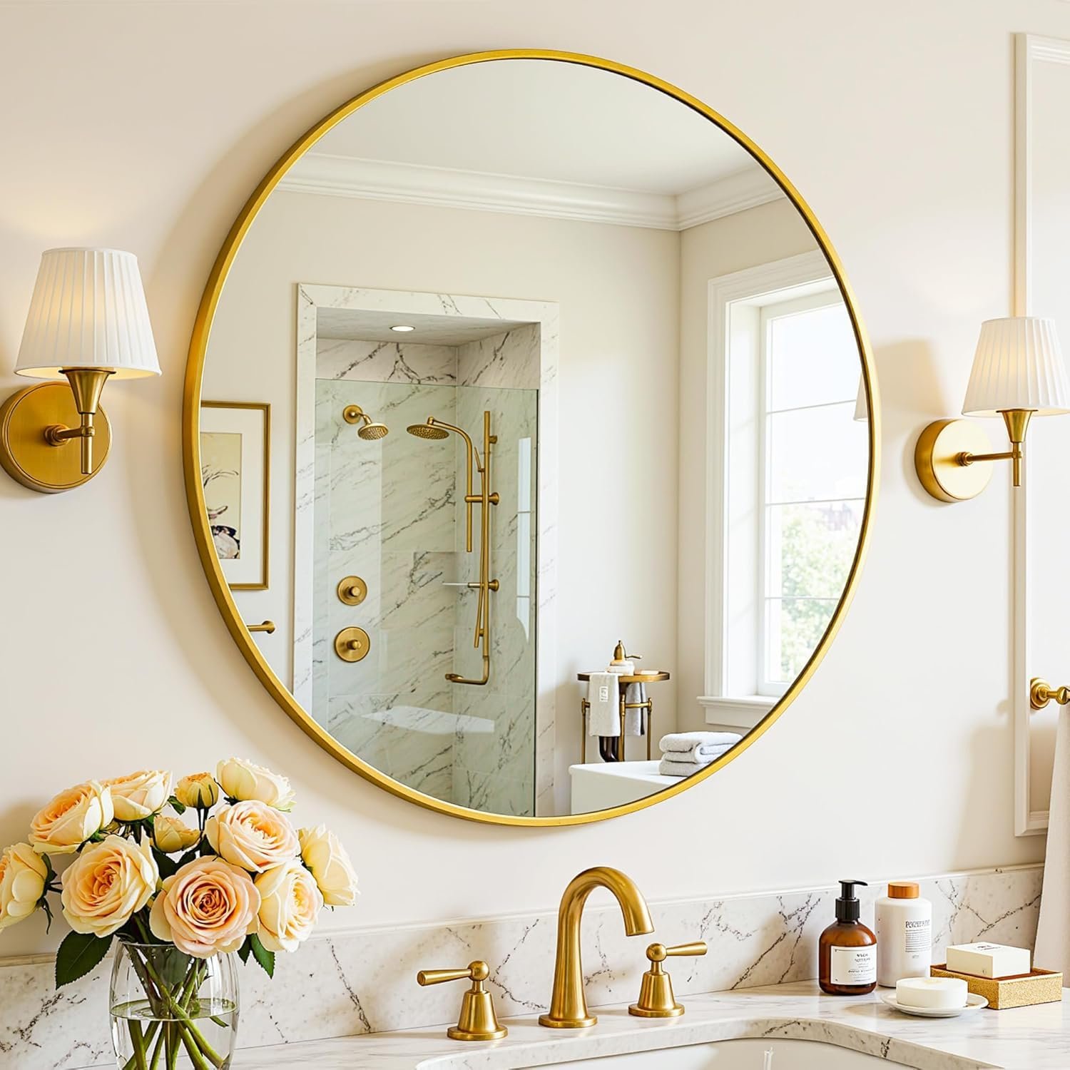 Gold Round Wall Mirror 24 Inch | Decorative HD Clear Mirror for Bedroom, Bathroom, Vanity, Wash Basin & Living Room | Aluminum Frame, Aesthetic Home Decor