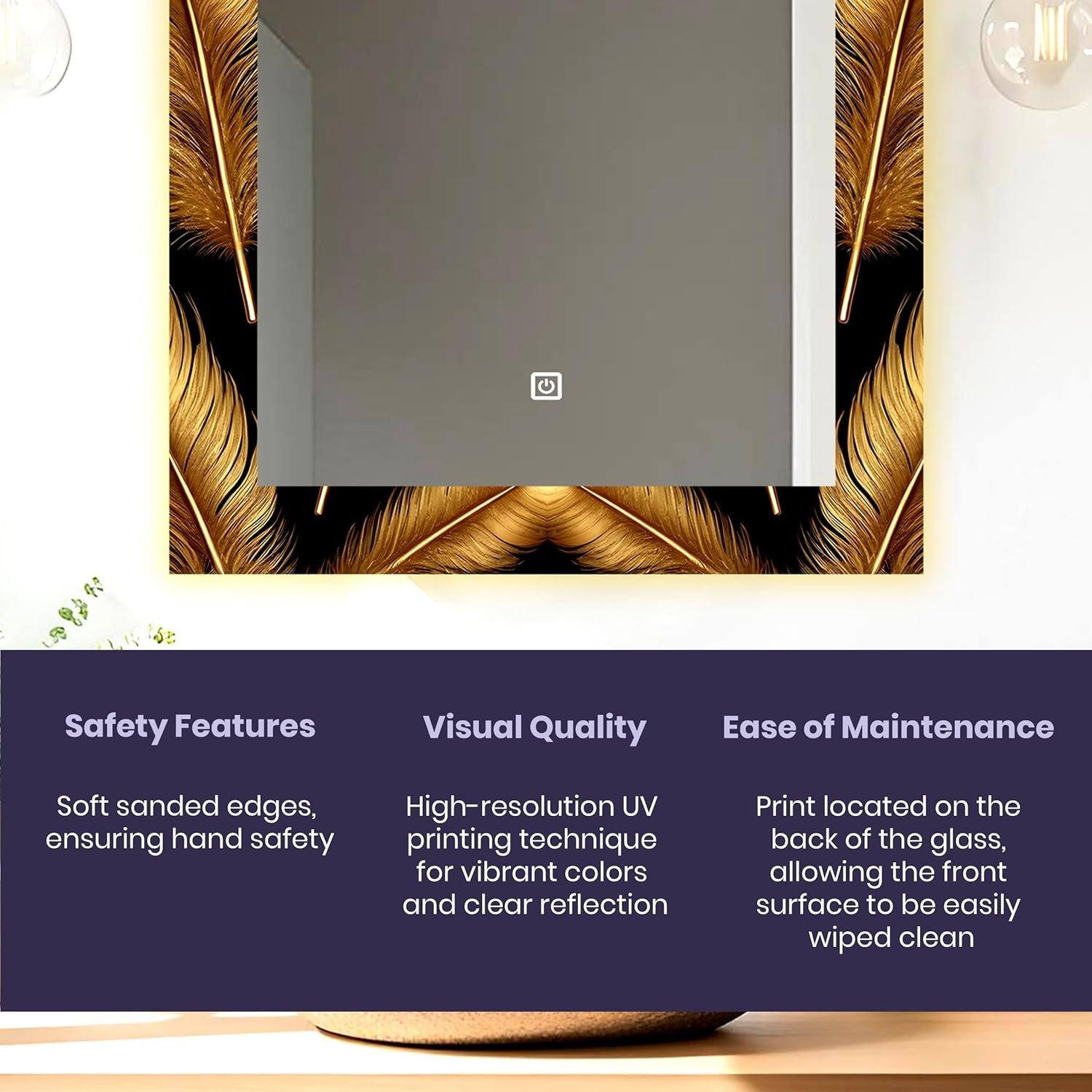 LUPPRA Rectangle 18×24 inch LED Touch Sensor Mirror with UV‑Printed Design and 3 Light Tones (Warm, White, Natural).