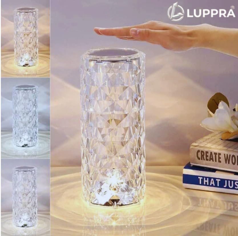 LED Table Lamp with Remote – Intelligent Rose Crystal & Moon Touch Light, USB Charging, Cylindrical Design