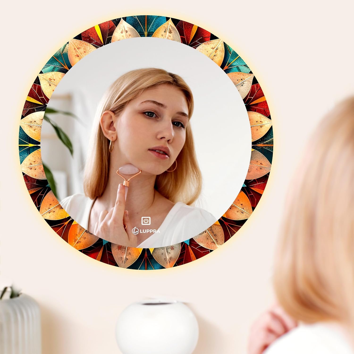 Round 24x24 Inch Wall-Mounted UV Printed LED Mirror 3-Color Light (Warm, White, Natural) | Wash Basin Wall, Fancy Washbasin,Smart LED Design.