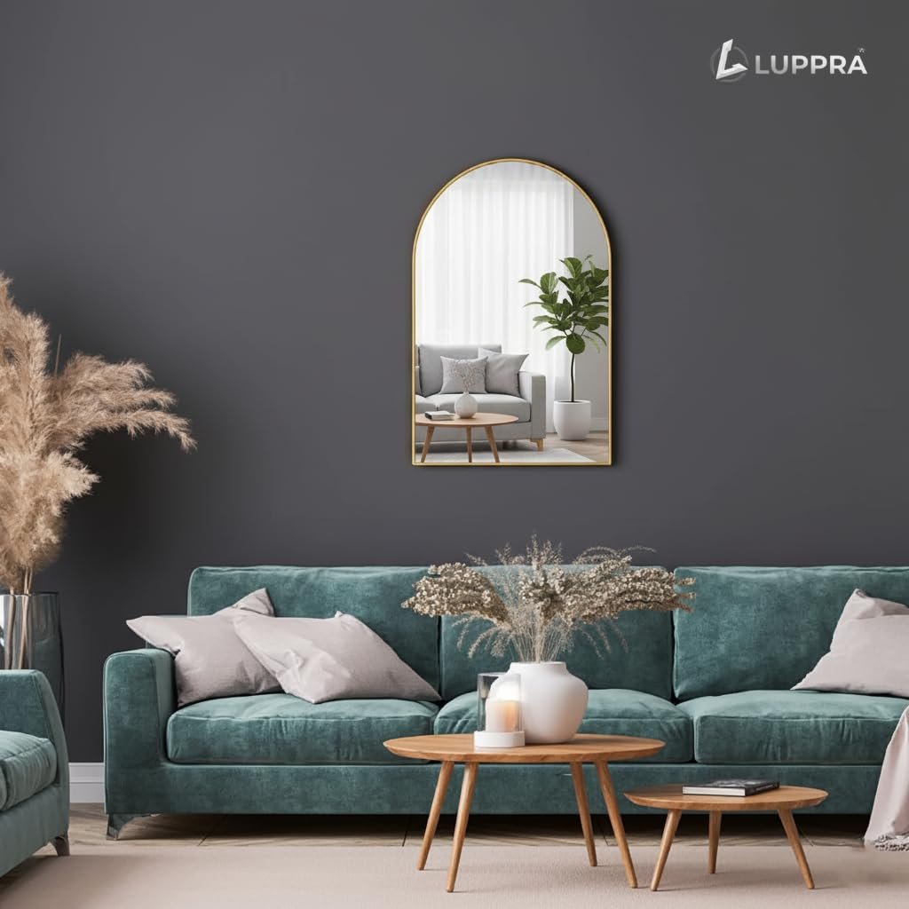 Gold Arched Wall Mirror – Brushed Aluminum Alloy Frame, Stylish Bathroom & Vanity Mirror for Living Room, Bedroom, Entryway, and Home Décor 12x18