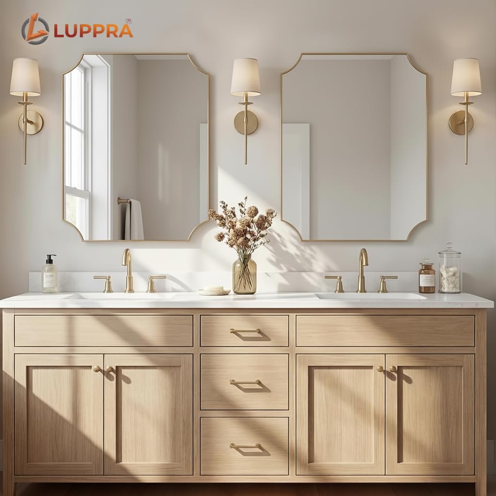 Elegant Gold Scalloped Vanity Mirror – 12x18” Brushed Gold Anti-Rust Bathroom Wall Mirror, Perfect Home Remodel Accent