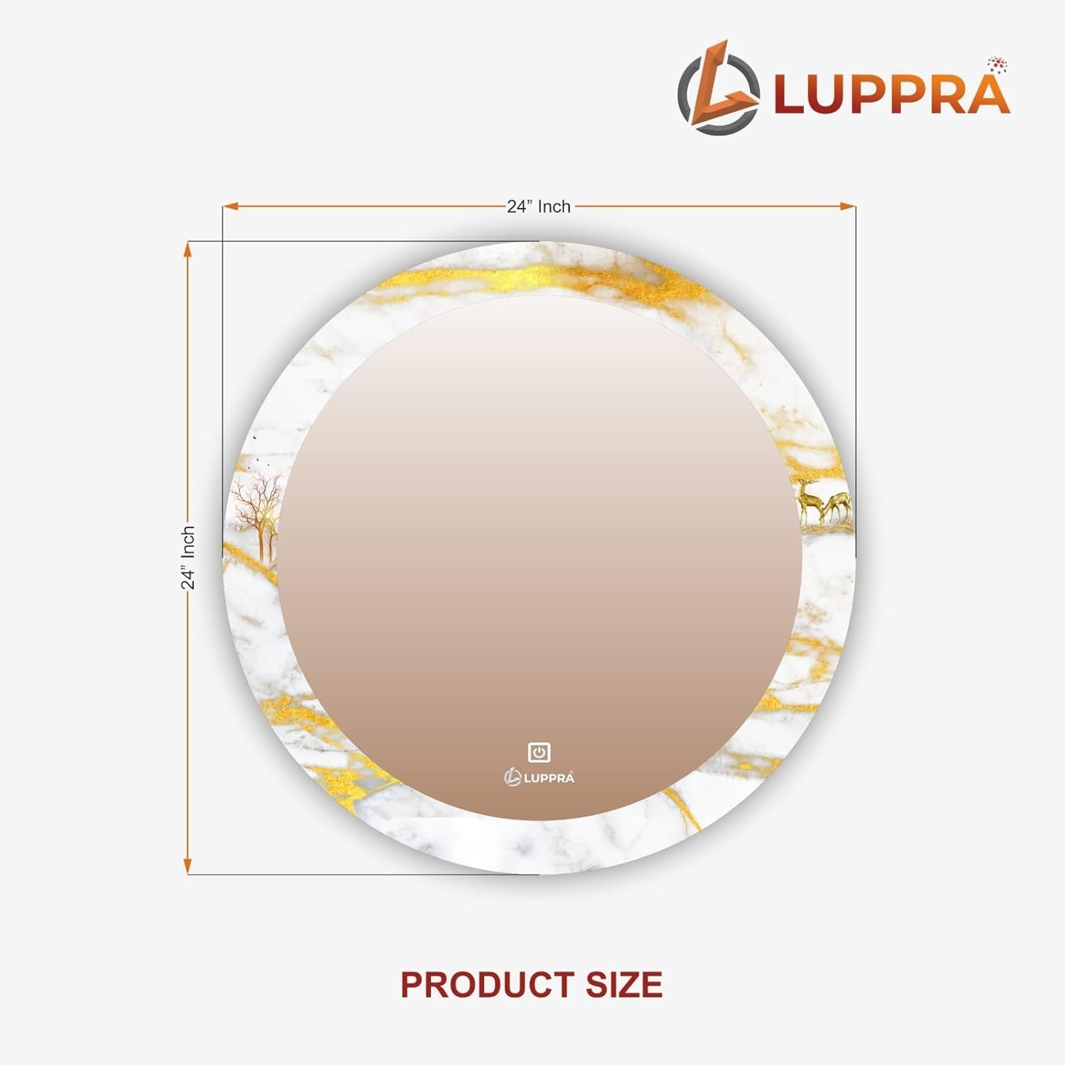 Round 24X24 Inch Touch Sensor UV Printed Design LED Mirror with 3 Light Tone (Warm,White,Natural White).