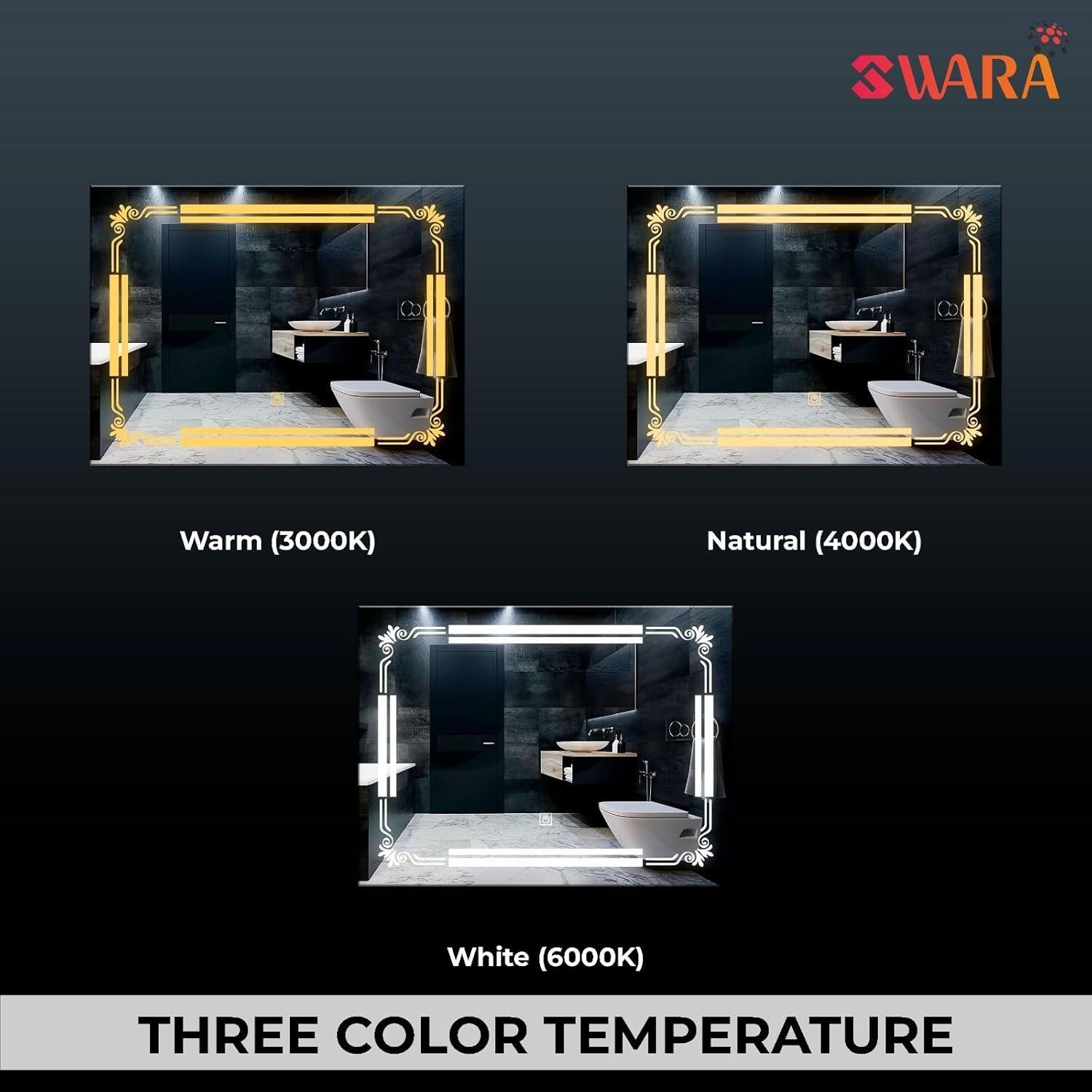 Horizontal Wall Mounting Mirror with Light |Bathroom,Venity and Smart Mirror Size 24X18 inch| LED Mirror 3 Tone (Cool, Natural, Warm).