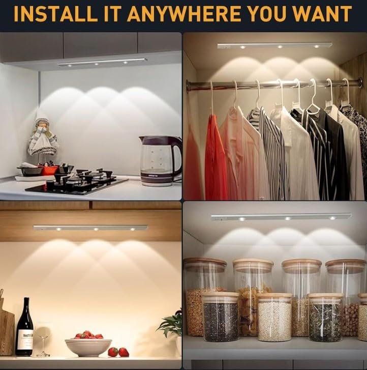 40cm Motion Sensor Under Cabinet LED Light – USB Rechargeable 1200mAh Battery, Dimmable, Wireless Stick-On for Wardrobe, Kitchen, Stairs (Pack of 1)