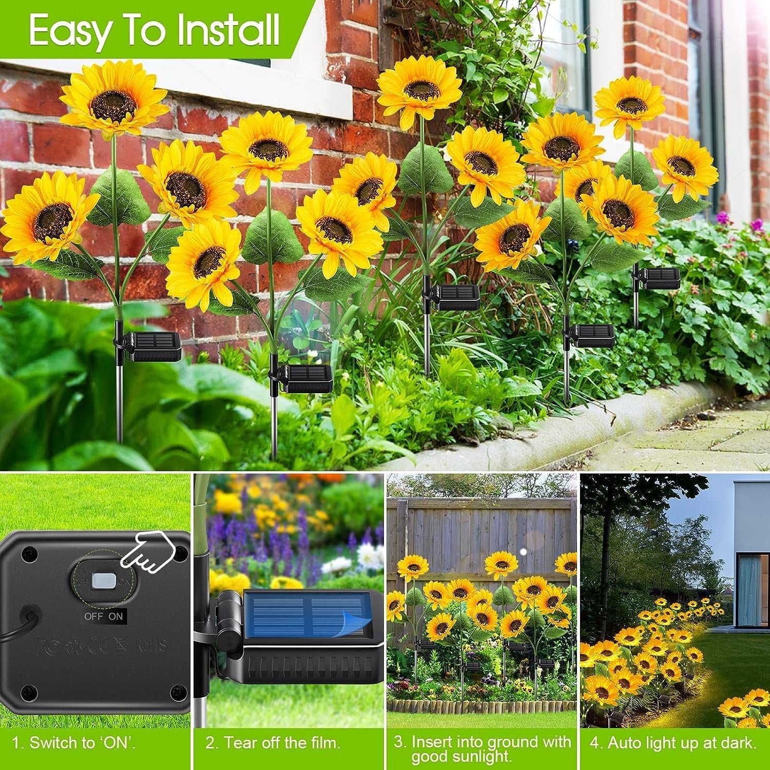 Solar Sunflower Lights, 800mA Solar Garden Light with Real Looking Flowers Outdoor Waterproof Solar Stake Lights for Back Yard, Flower Bed, Pathway, Patio, Porch, Fall Decoration(1)