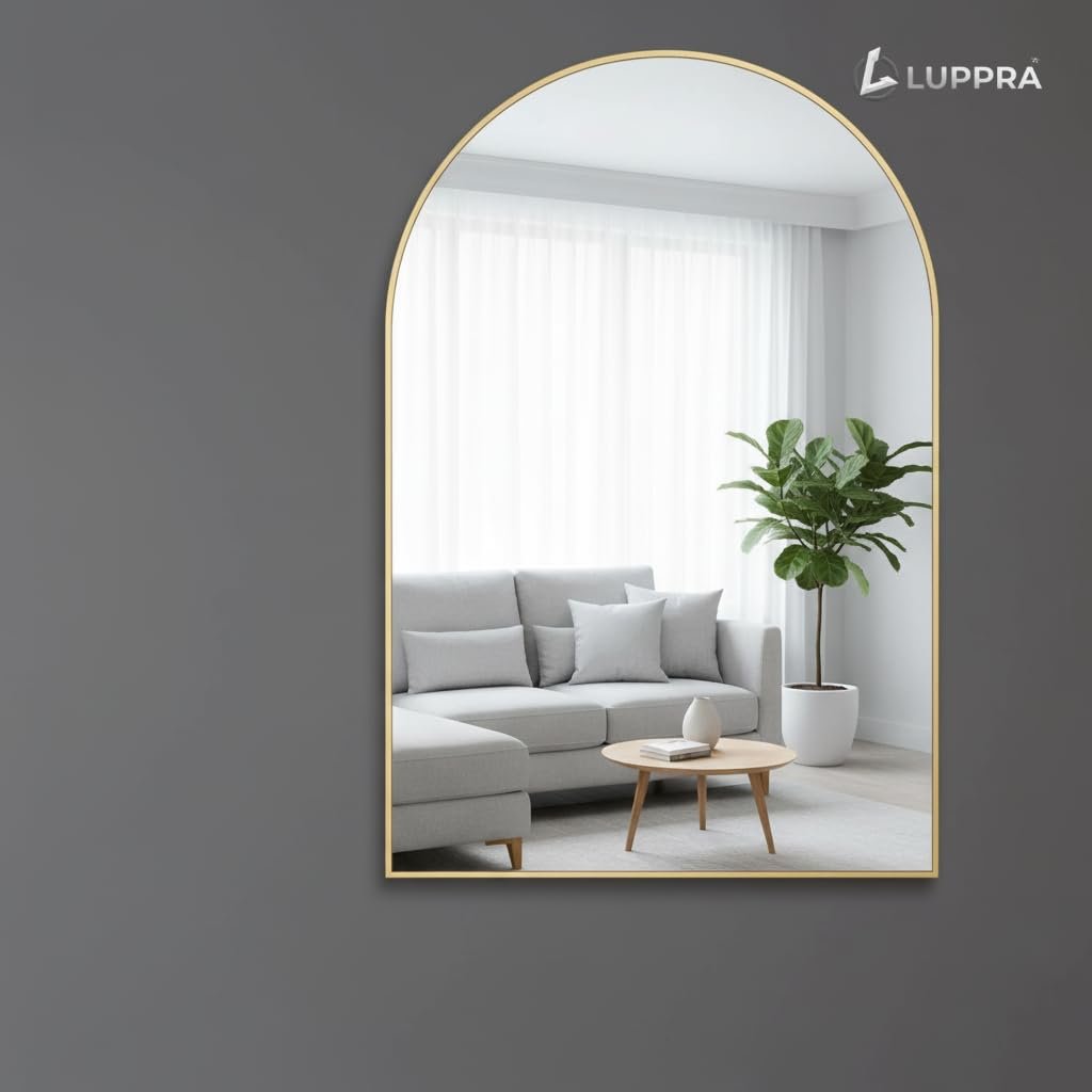 Gold Arched Wall Mirror – Brushed Aluminum Alloy Frame, Stylish Bathroom & Vanity Mirror for Living Room, Bedroom, Entryway, and Home Décor 12x18
