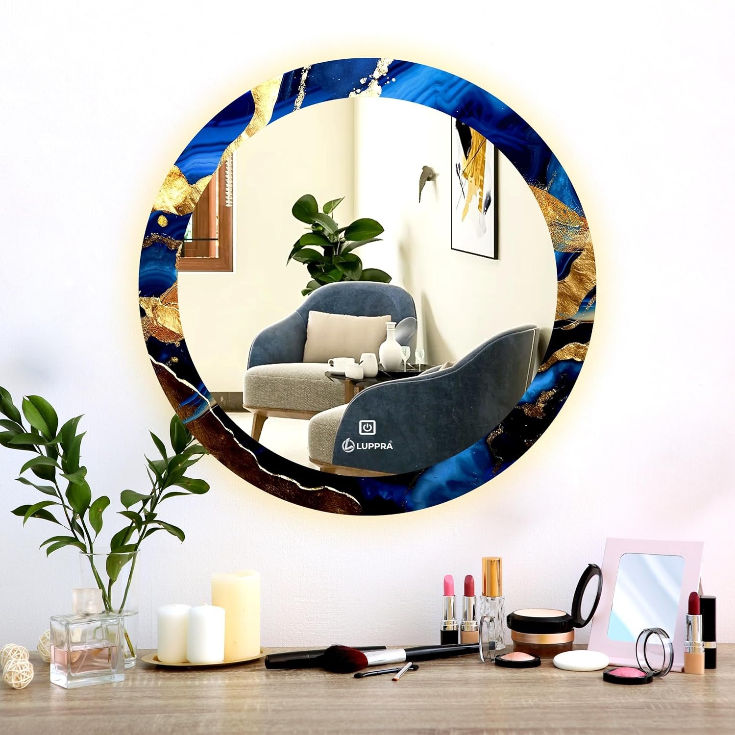 24X24 inch Round Multicolor UV Printed LED Mirror Smart 3 Light Tone (Cool White,Natural White and Warm White).