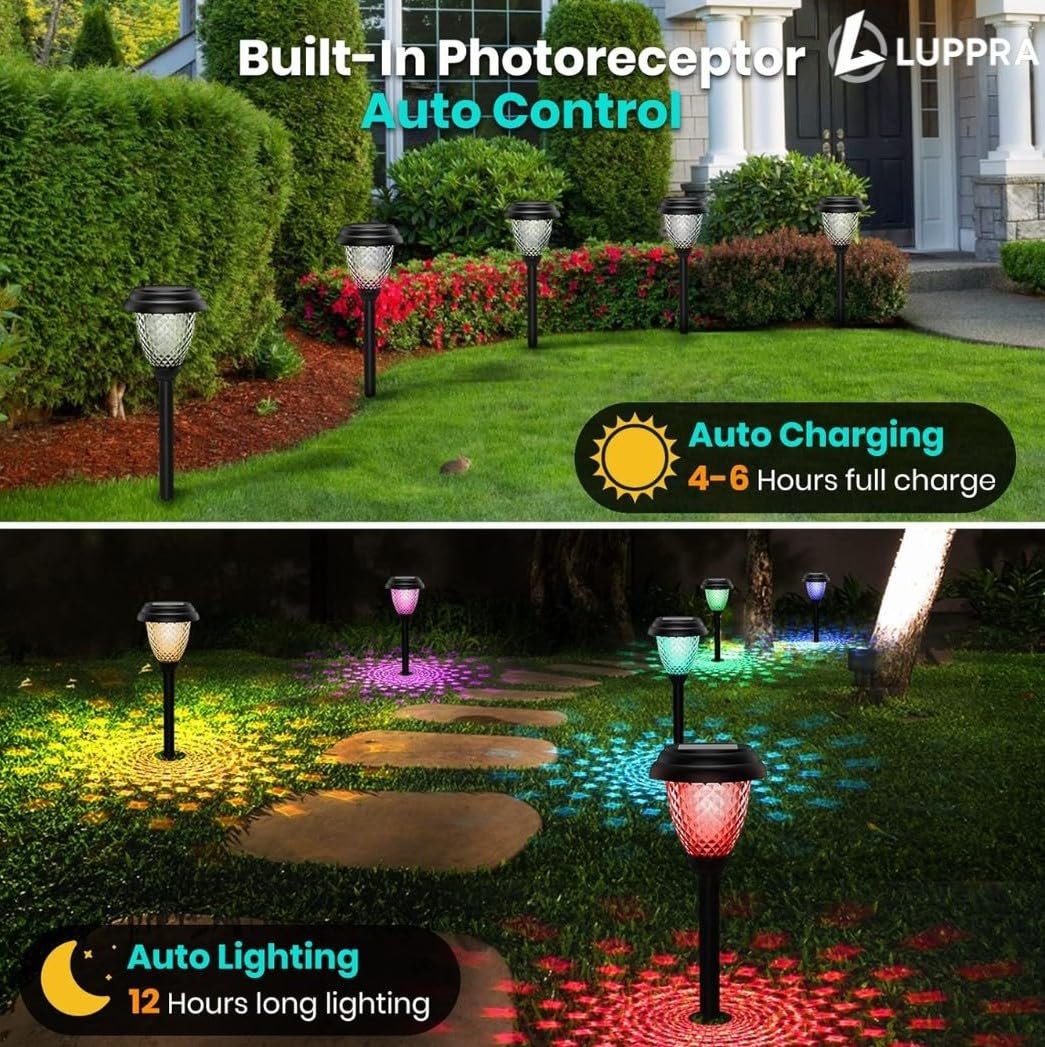 6-Pack Color Changing Waterproof LED Garden & Yard Lights with Auto On/Off for Walkway, Lawn, Patio (Warm White)