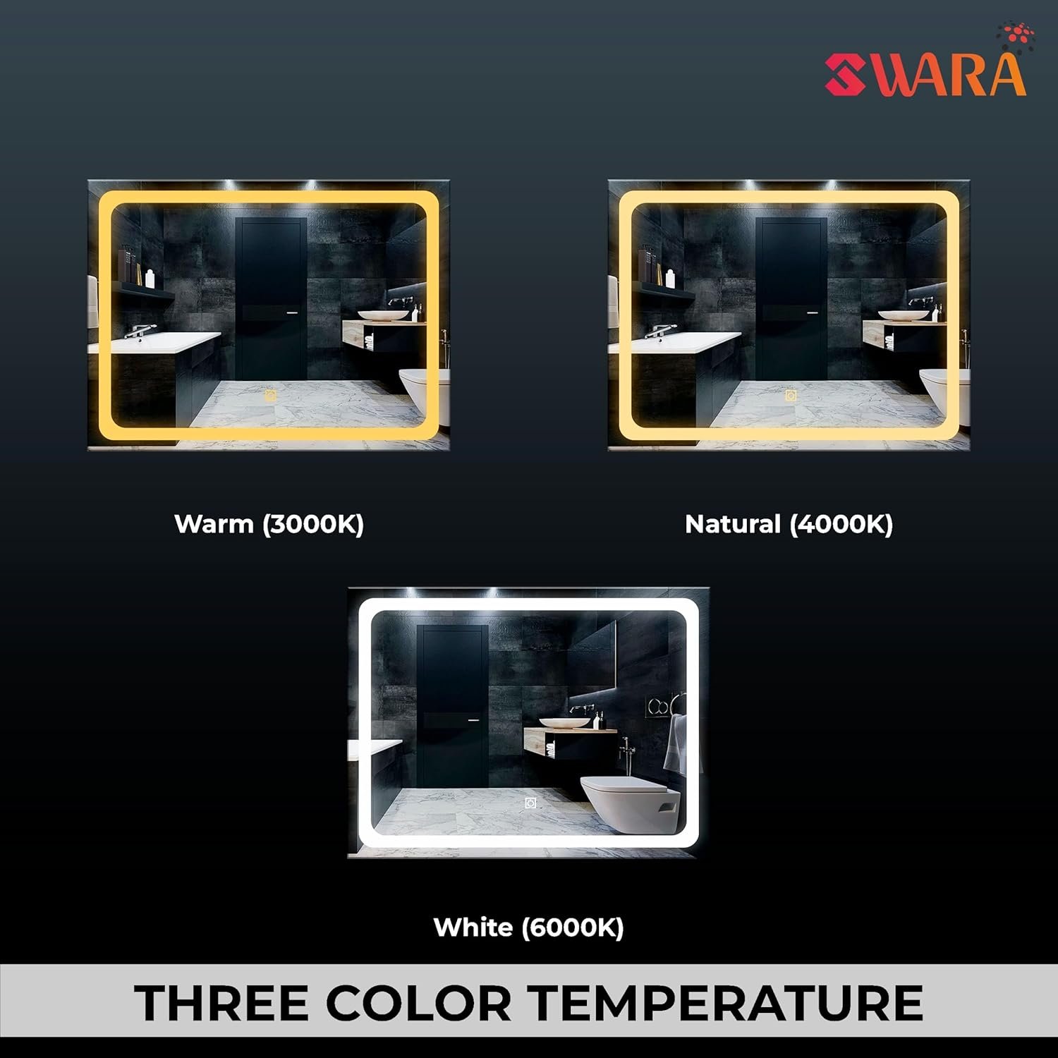 Horizontal Wall Mounting Mirror with Light |Bathroom,Venity and Smart Mirror Size 24X18 inch| LED Mirror 3 Tone (Cool, Natural, Warm).