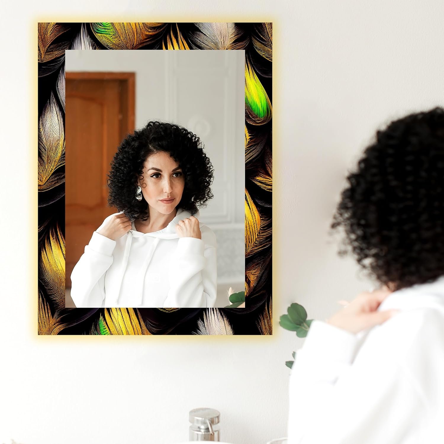 Rectangle LED Touch Sensor Mirror with UV Printed Design – 3 Light Tones (Warm, White, Natural White) 18×24 Inch.