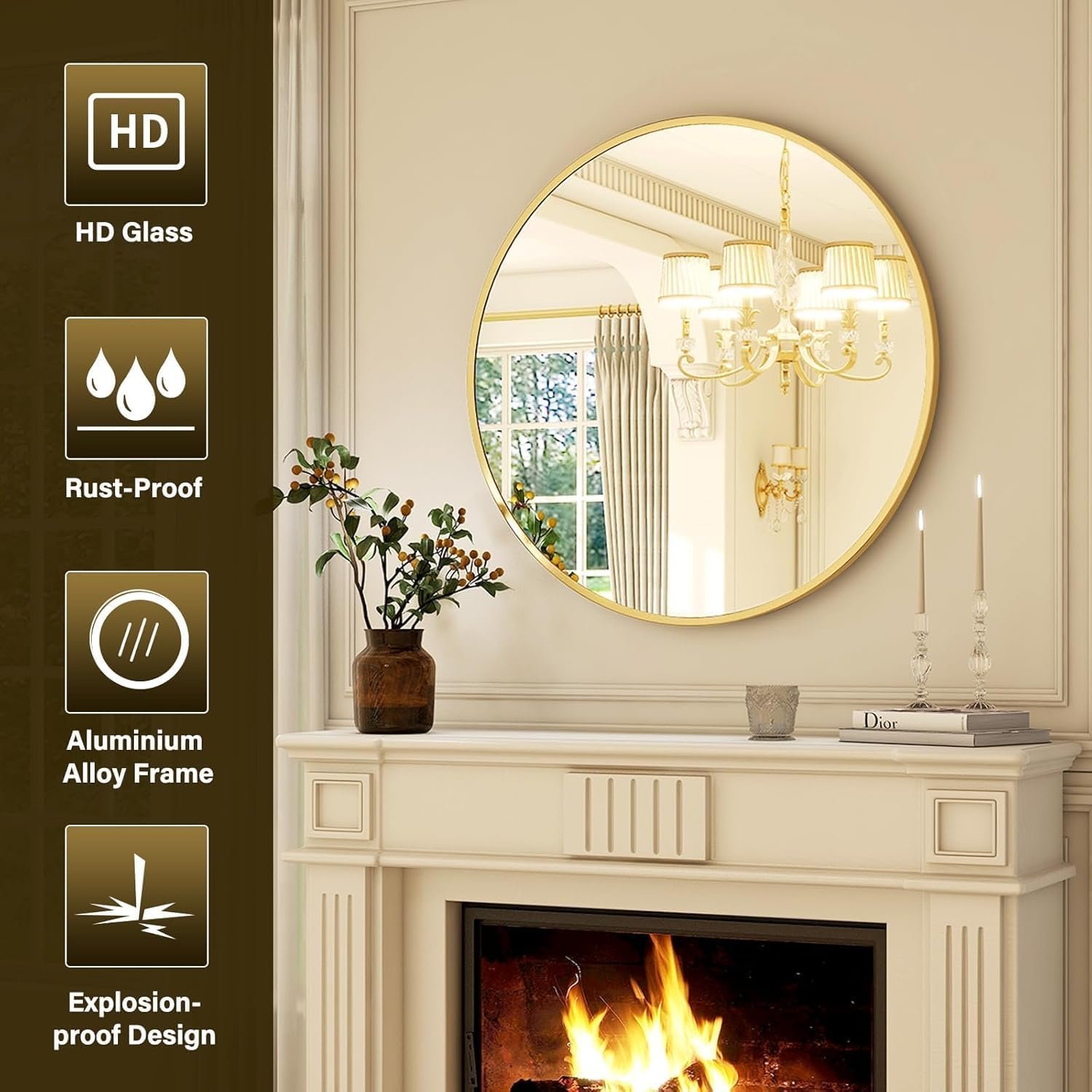 Gold Round Wall Mirror 24 Inch | Decorative HD Clear Mirror for Bedroom, Bathroom, Vanity, Wash Basin & Living Room | Aluminum Frame, Aesthetic Home Decor