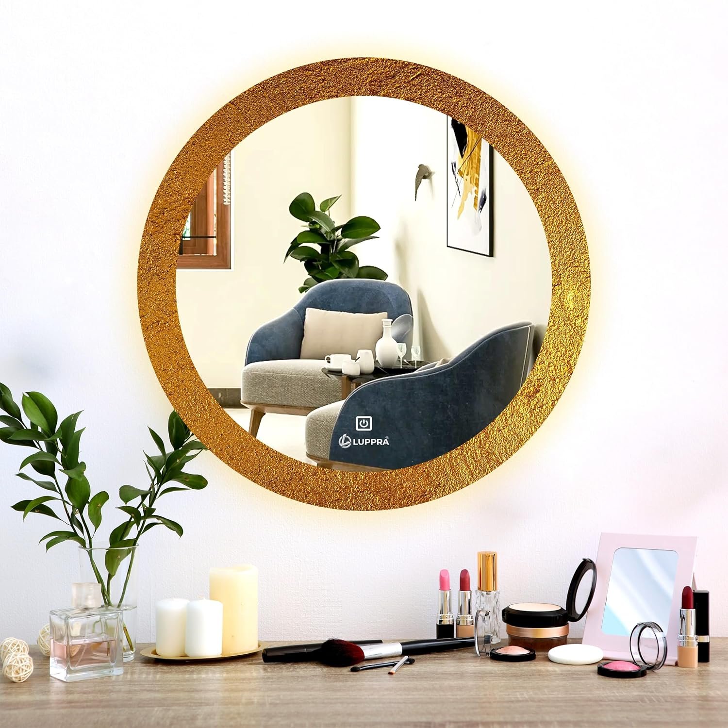 Glass Round Unique UV Printed Design led Mirror 3 Led Lights(Warm,White,Natural White,Size 24X24 Inch).