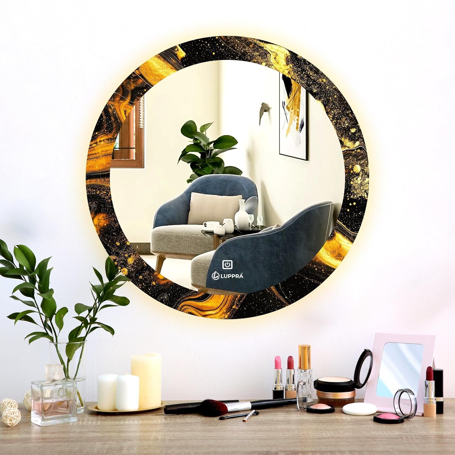 24X24 inch Round UV Printed Decorative LED Mirror with Led Light for Wash Basin with Smart 3 Light Tone (Cool White,Natural White and Warm White).