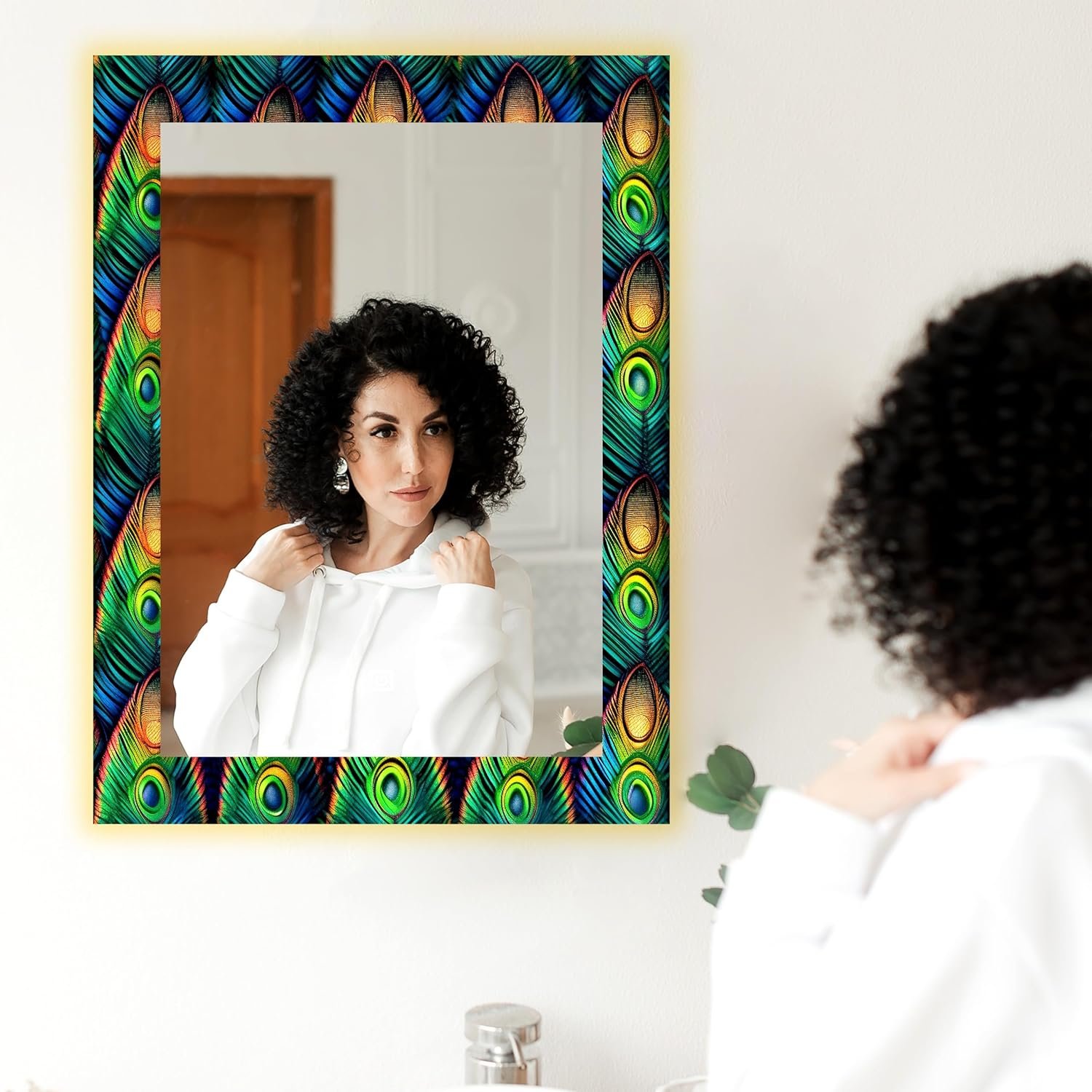 18x24 Smart LED Mirror – Rectangular Glass, UV Print Design, Touch Sensor, 3 Light Modes (Warm, White, Natural).