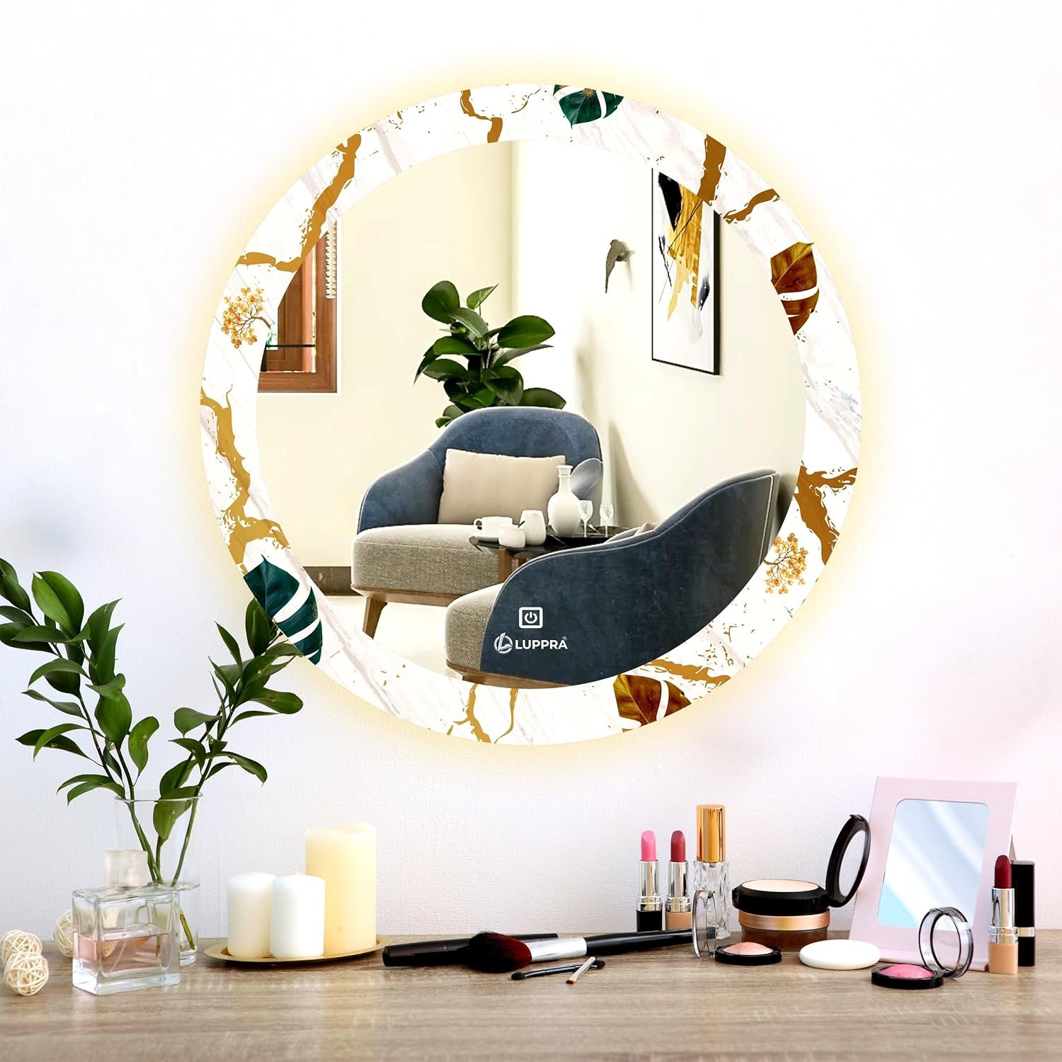 Glass Round 24X24 Inch Decorative Art Unique UV Printed Mirror 3-Color Light (Warm, White, Natural) | Mirror Light, Wash Basin Wall, Fancy Washbasin,Smart LED Design