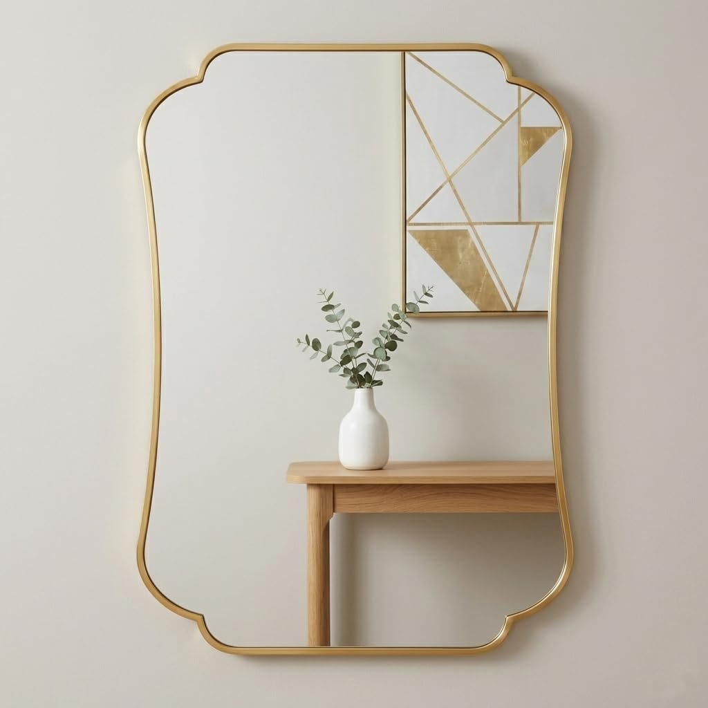 Gold Bathroom Vanity Mirror – 12x18 Inch Scalloped Frame, Brushed Antique Wall Mirror for Home Remodel & Décor