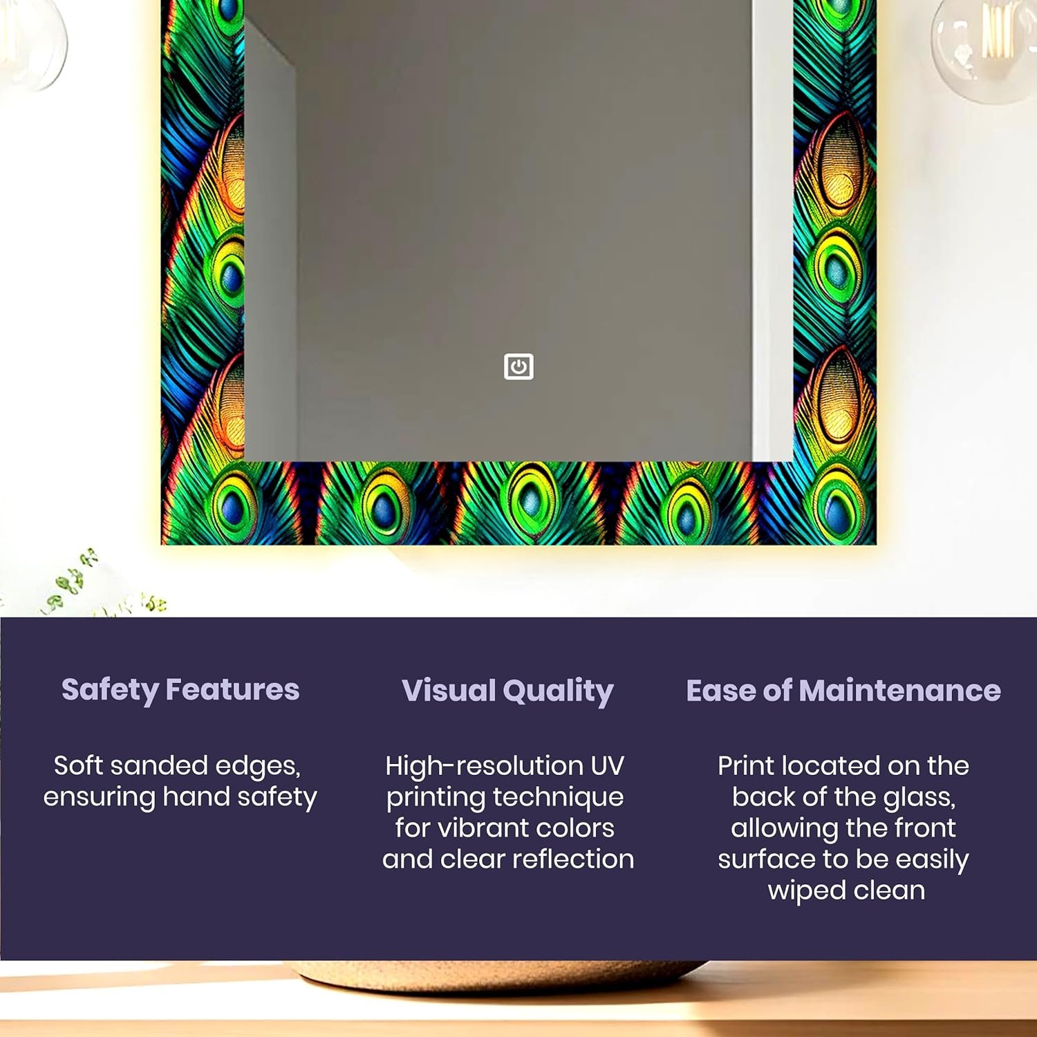 18x24 Smart LED Mirror – Rectangular Glass, UV Print Design, Touch Sensor, 3 Light Modes (Warm, White, Natural).