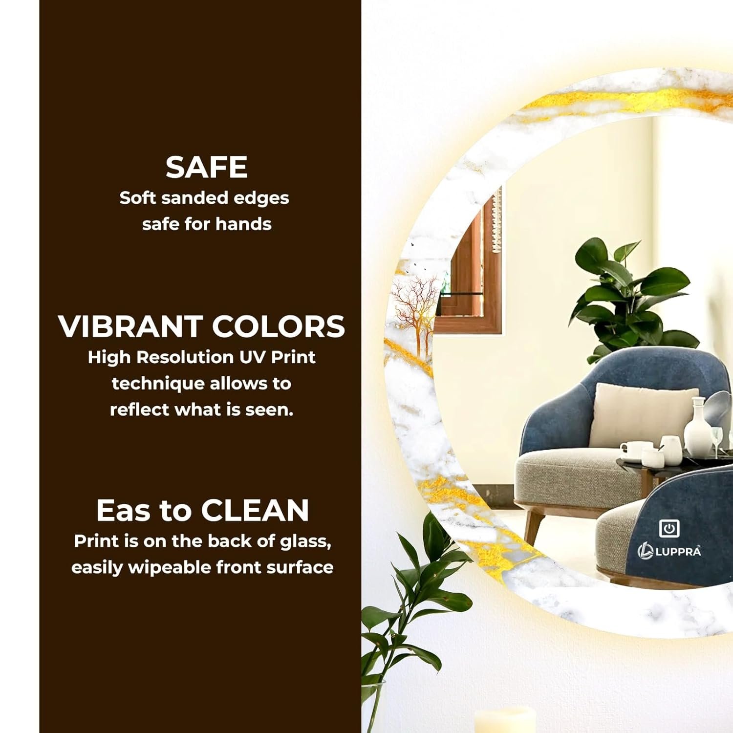 Round 24X24 Inch Touch Sensor UV Printed Design LED Mirror with 3 Light Tone (Warm,White,Natural White).