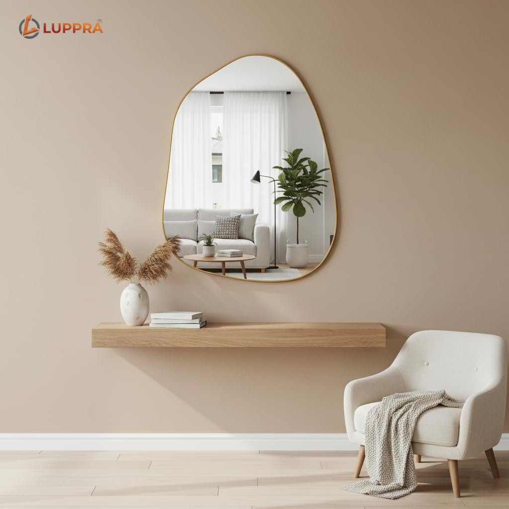 Irregular Asymmetrical Wall Mirror – Modern Gold Wood Frame, Decorative Wall-Mounted Mirror for Bathroom, Bedroom, Living Room & Entryway (12"x18")