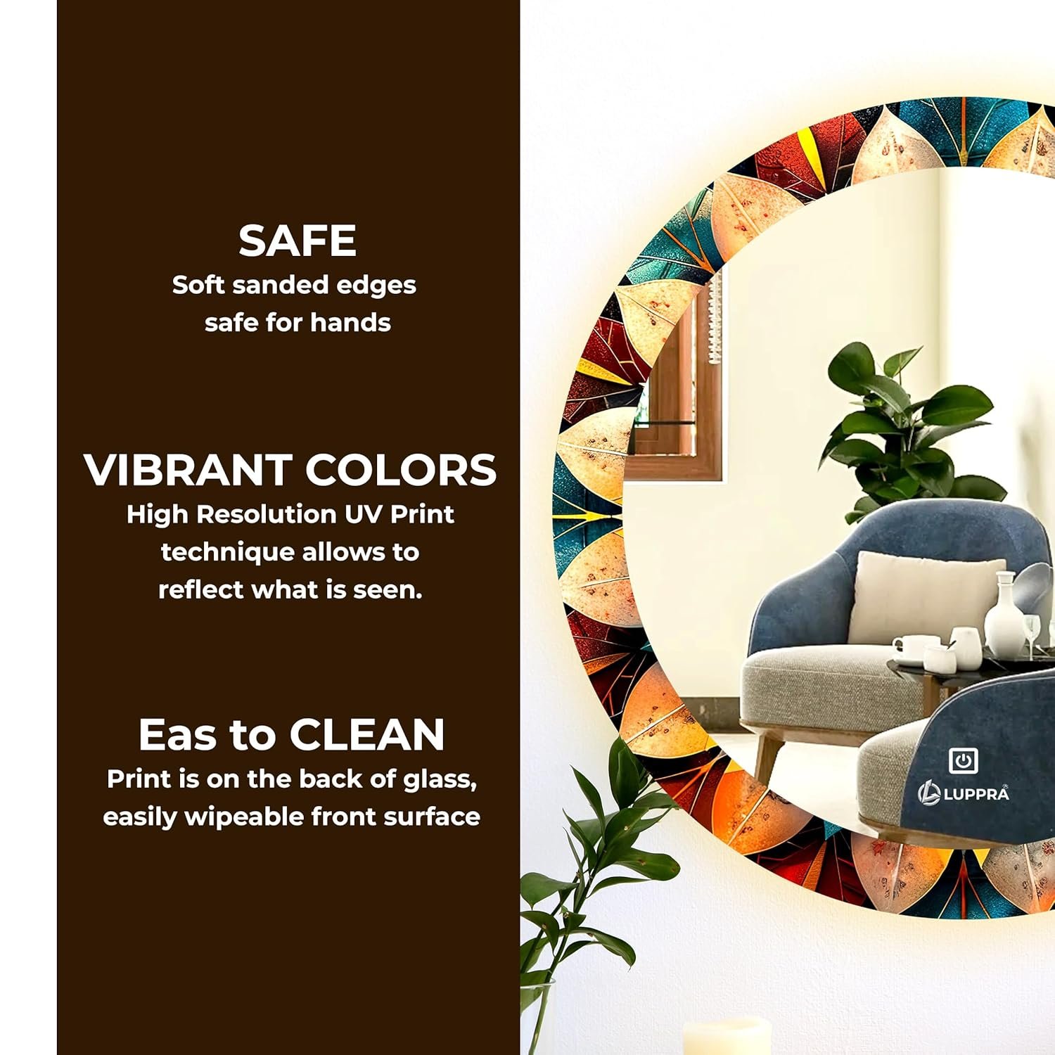 Round 24x24 Inch Wall-Mounted UV Printed LED Mirror 3-Color Light (Warm, White, Natural) | Wash Basin Wall, Fancy Washbasin,Smart LED Design.