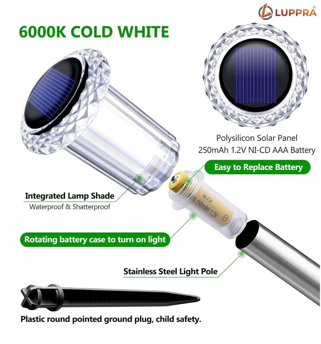 Solar Pathway Lights Outdoor 6 Pack LED Waterproof Stainless Steel Garden Stake Lights for Path, Walkway, Driveway, Yard, Patio