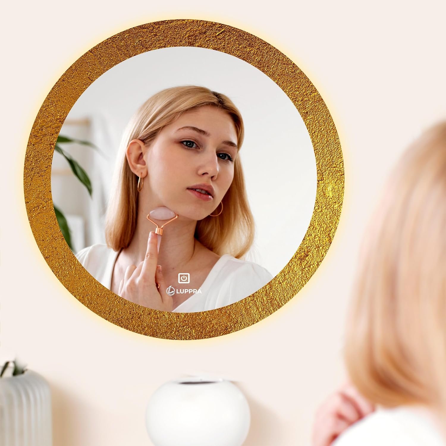 Glass Round Unique UV Printed Design led Mirror 3 Led Lights(Warm,White,Natural White,Size 24X24 Inch).