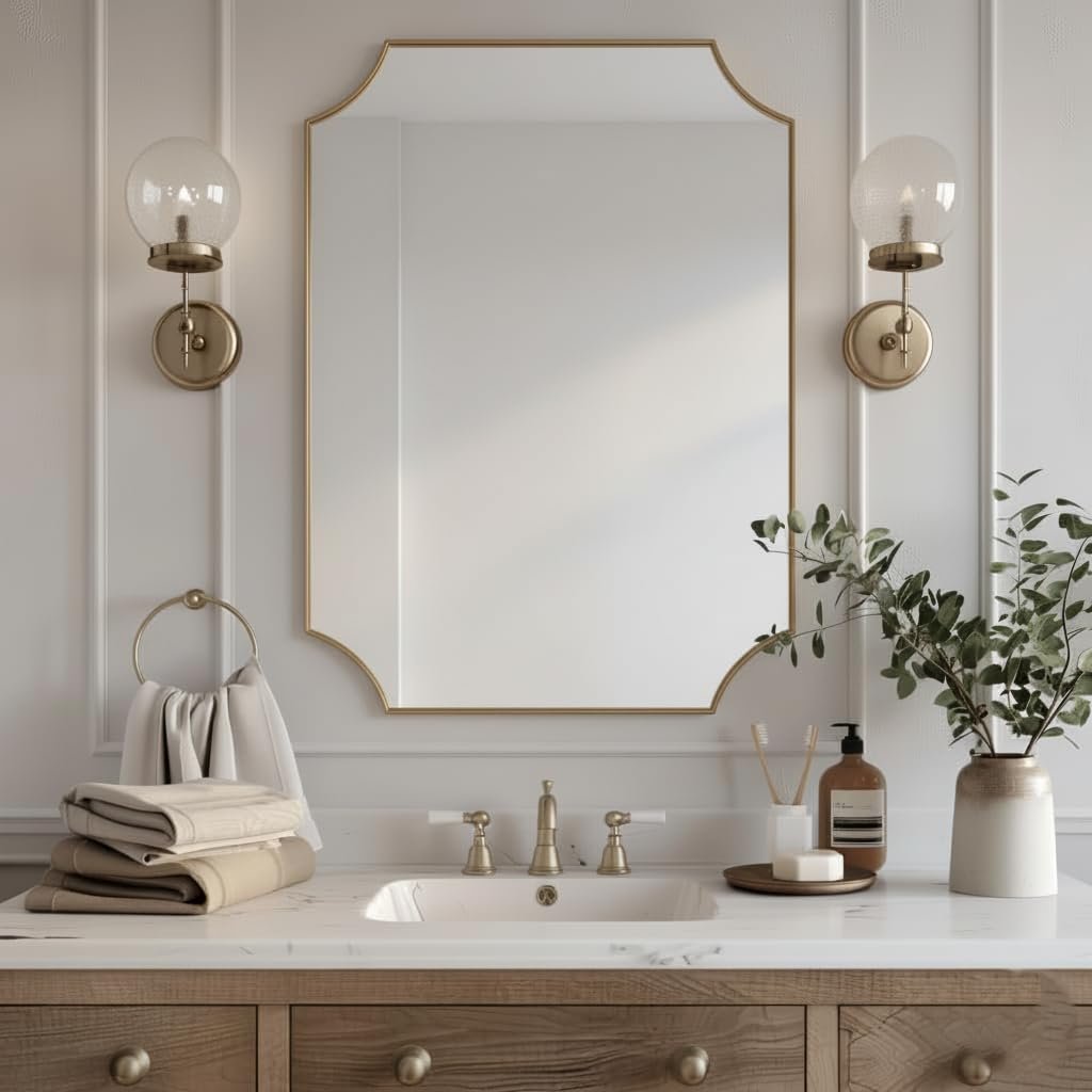Elegant Gold Scalloped Vanity Mirror – 12x18” Brushed Gold Anti-Rust Bathroom Wall Mirror, Perfect Home Remodel Accent