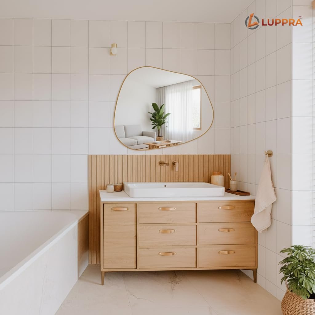 Irregular Asymmetrical Wall Mirror – Modern Gold Wood Frame, Decorative Wall-Mounted Mirror for Bathroom, Bedroom, Living Room & Entryway (12"x18")