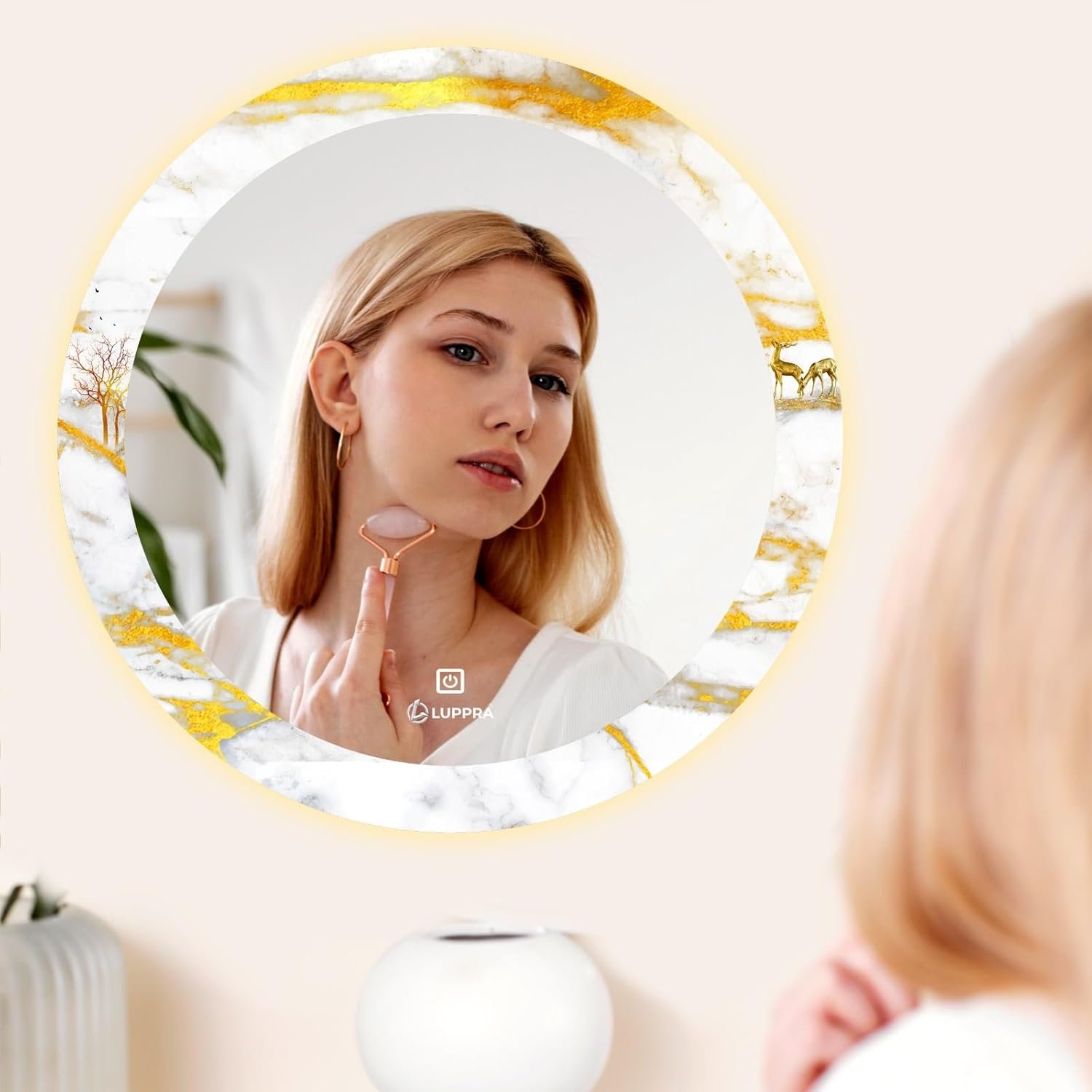 Round 24X24 Inch Touch Sensor UV Printed Design LED Mirror with 3 Light Tone (Warm,White,Natural White).