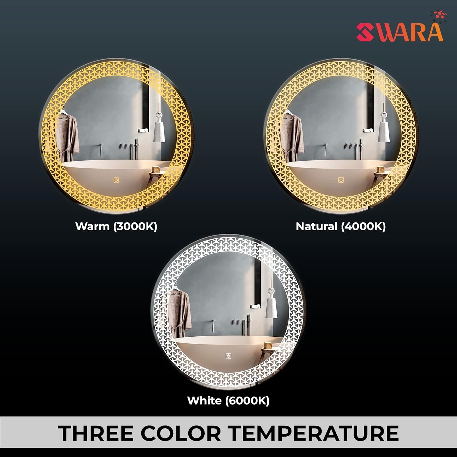 LUPPRA Round Wall Mounting Mirror with Light |Bathroom,Venity and Smart Size 24X24 inch| LED 3 Tone (Cool, Natural, Warm).