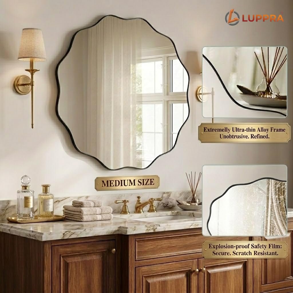 18x18 Black Scalloped Wavy Round Mirror – Tempered Glass with Textured Deep Metal Frame, Stylish Wall & Leaning Mirror for Bathroom, Hallway, Entryway, Living Room