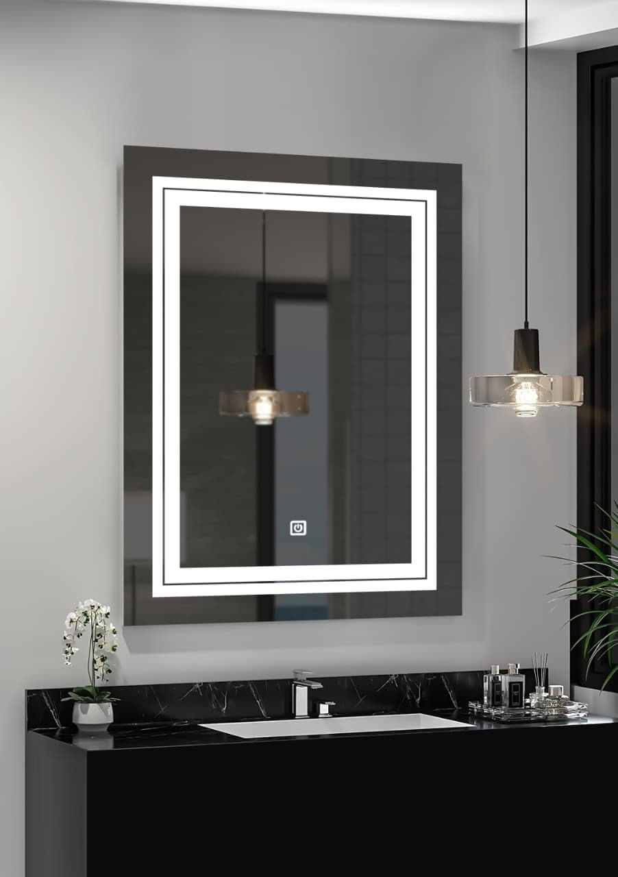 Glass Rectangular 18x24 Inch Wall-Mounted LED Mirror with Smart Sensor and 3-Color Light (Warm, White, Natural) | Mirror Light, Wash Basin Wall and Fancy Washbasin Mirror,Smart LED Design