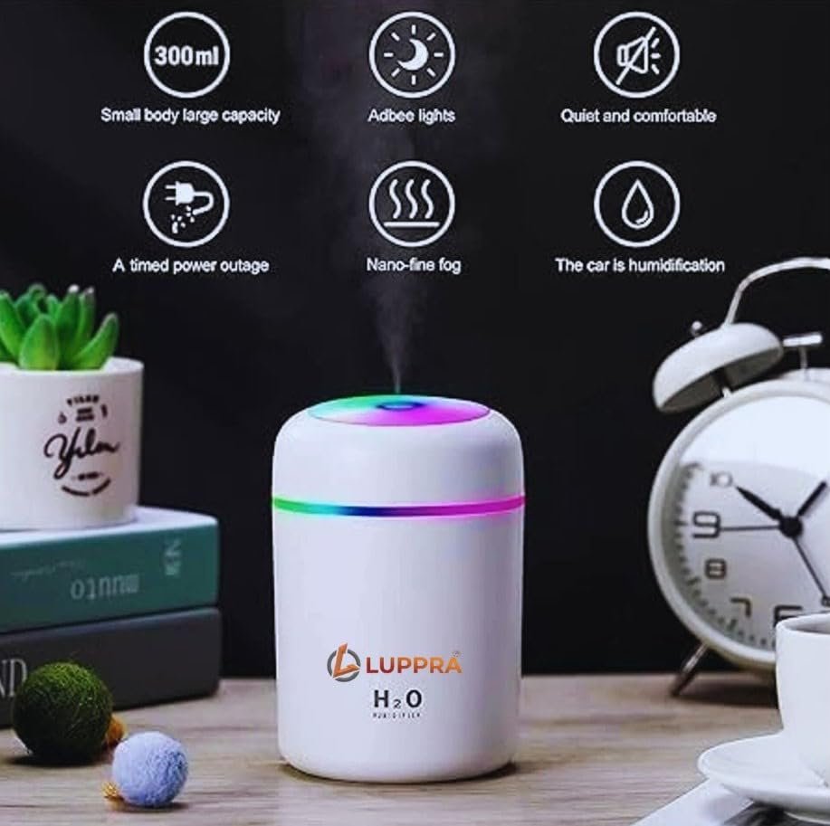 H2O Ultrasonic Cool Mist Humidifier with Colorful LED Lights & Aroma Essential Oil Diffuser for Home & Office – 300ML