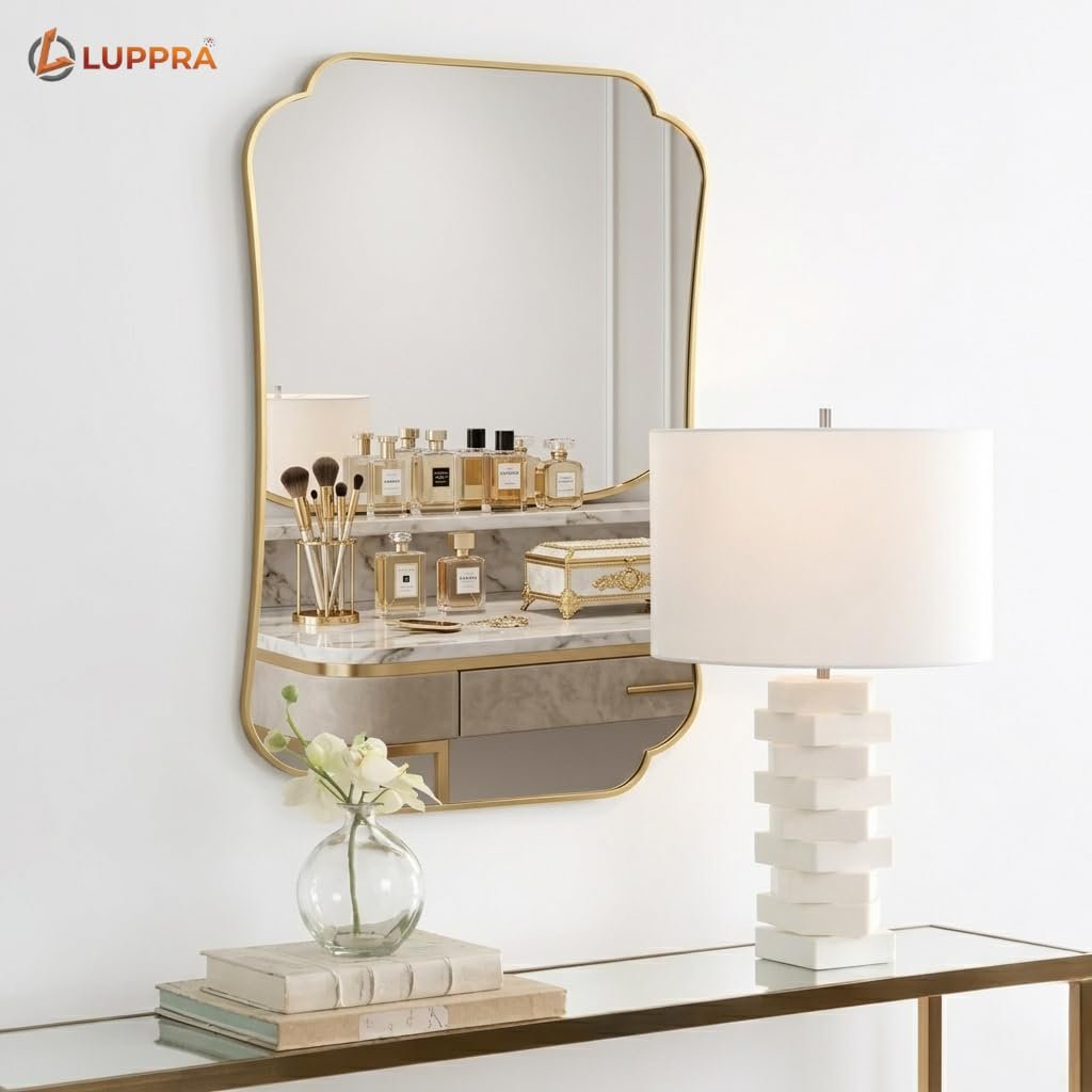 Gold Bathroom Vanity Mirror – 12x18 Inch Scalloped Frame, Brushed Antique Wall Mirror for Home Remodel & Décor