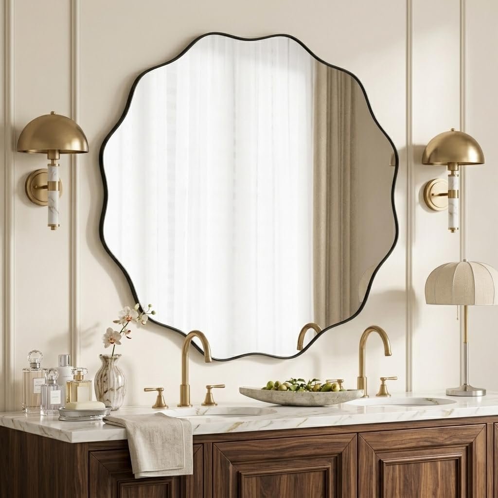 18x18 Black Scalloped Wavy Round Mirror – Tempered Glass with Textured Deep Metal Frame, Stylish Wall & Leaning Mirror for Bathroom, Hallway, Entryway, Living Room