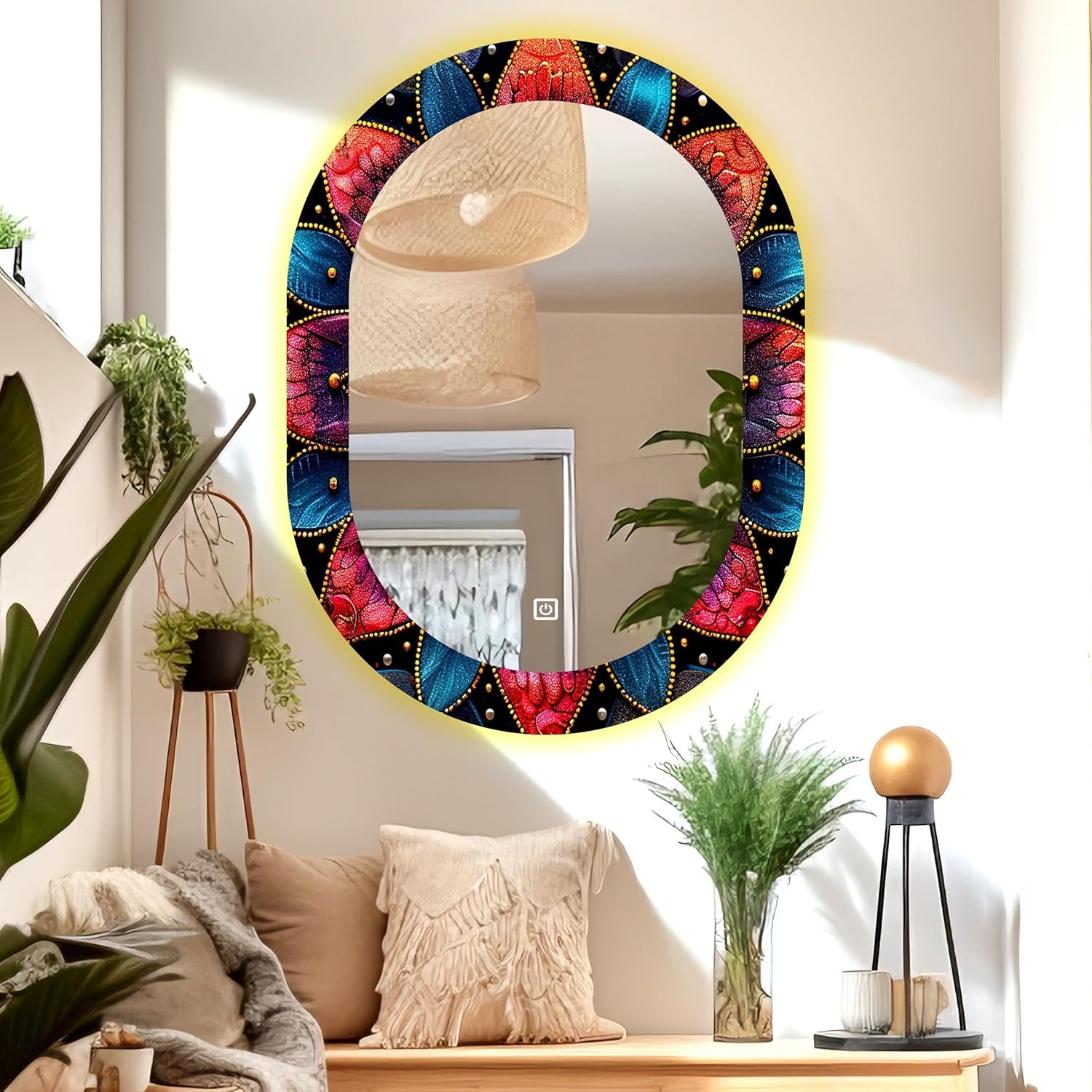 17.5 x 23.5 Inch Capsule LED Touch Sensor Mirror with UV Print Design – 3 Light Modes (Warm, White, Natural White).