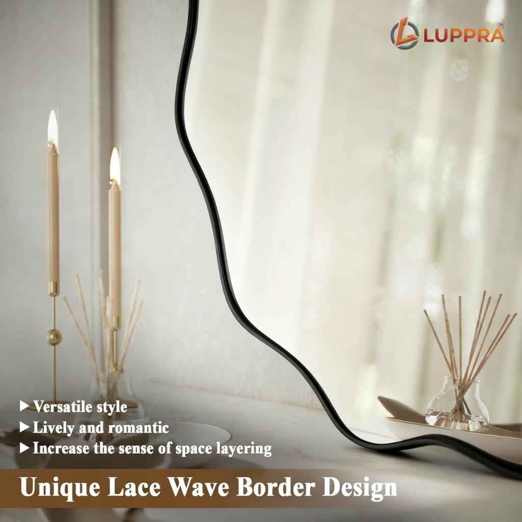 18x18 Black Scalloped Wavy Round Mirror – Tempered Glass with Textured Deep Metal Frame, Stylish Wall & Leaning Mirror for Bathroom, Hallway, Entryway, Living Room